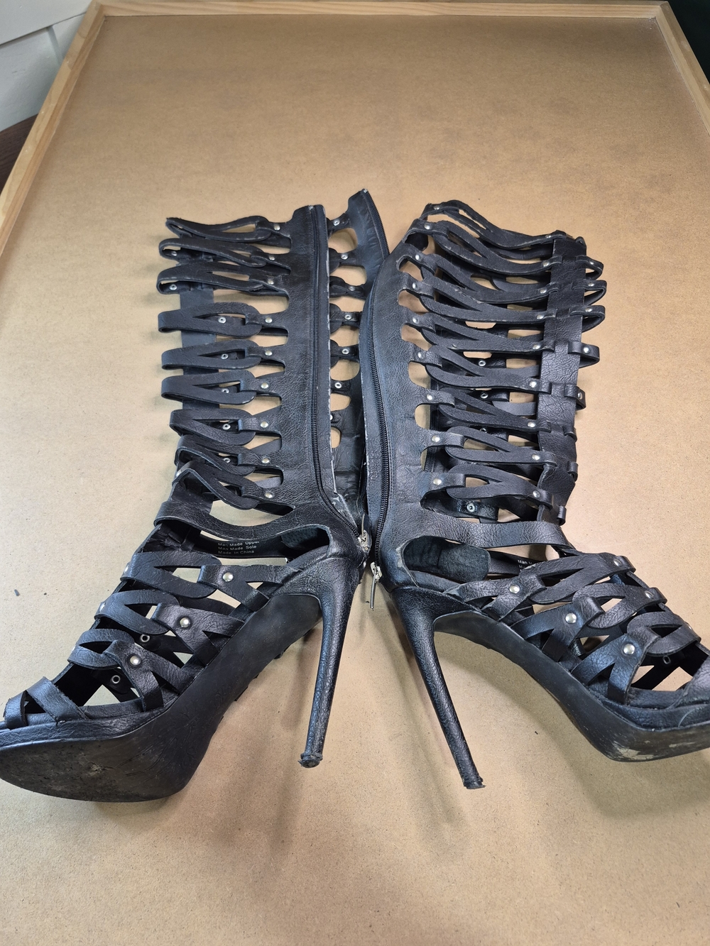 Black Strappy Cutout High-Heel Gladiator Boots